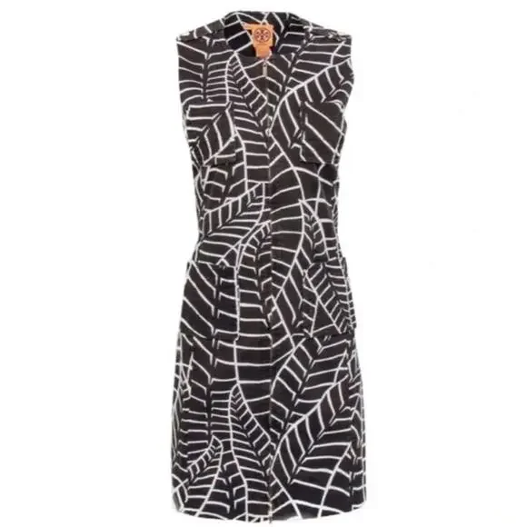 TORY BURCH Brown & White Leaf Print Zip-Up Corduroy Shift Dress, Size 4 - Picture 3 of 5